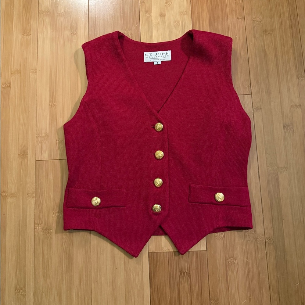 St. John Red Knit Vest with gold buttons